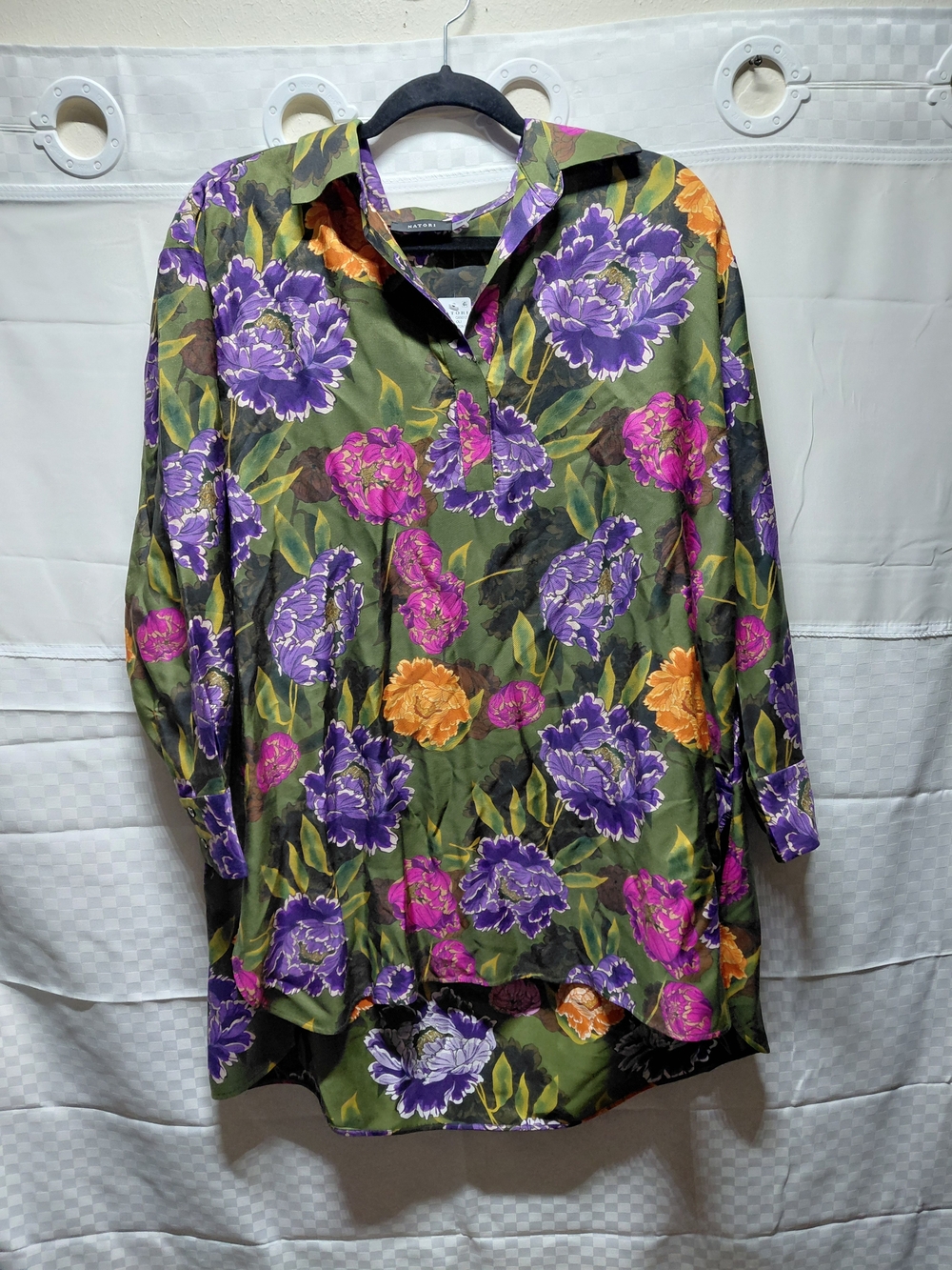 Floral Button-Up Tunic Shirt in Olive with Purple & Pink Blooms#(C11)